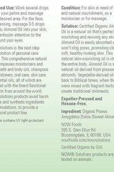 Label for Now Foods Organic Sweet Almond Oil, detailing uses, benefits, and ingredients.